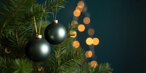 Decorated xmas spruce tree with Christmas black ornaments and lights on black bokeh background. Merry Christmas card. Winter holiday festive theme. Happy New Year.