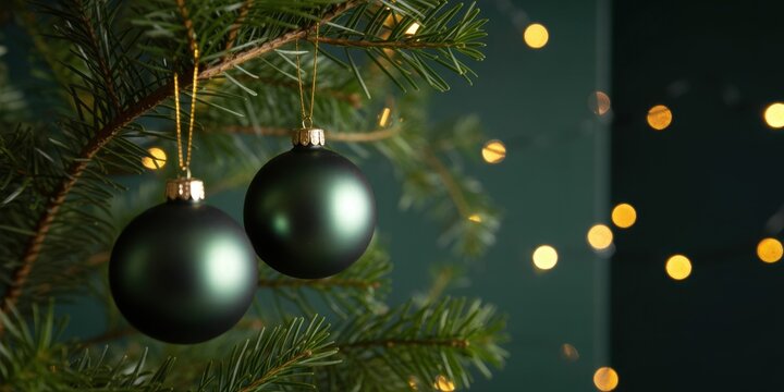 Decorated xmas spruce tree with Christmas black ornaments and lights on black bokeh background. Merry Christmas card. Winter holiday festive theme. Happy New Year.