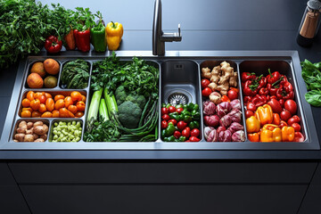 Sink filled with vegetables and fruits.