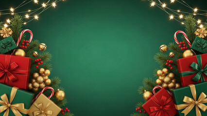 Festive Christmas and New Year's Eve background with gift boxes, pine branches, baubles, and string lights