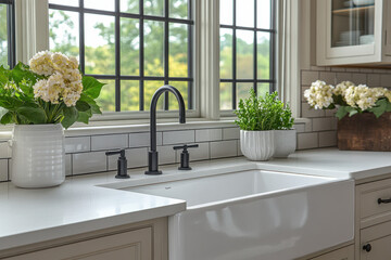 White sink in front of a window.