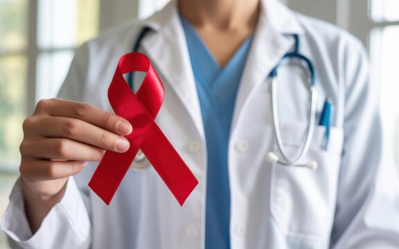 World aids day and national HIV AIDS and ageing awareness month with red ribbon on medical or surgical doctor's hand in hospital background 
