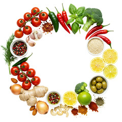 Vibrant fresh culinary ingredients, herbs, spices, arranged in a circular border on a white studio background with copy space. Healthy culinary inspiration concept