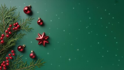 Christmas background with xmas tree, Christmas red decoration and sparkle bokeh lights on green background. Merry Christmas greeting card. Winter holiday theme. Happy New Year. Space for text