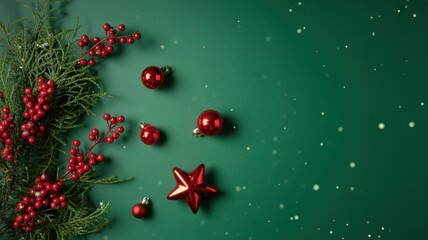 Christmas background with xmas tree, Christmas red decoration and sparkle bokeh lights on green background. Merry Christmas greeting card. Winter holiday theme. Happy New Year. Space for text