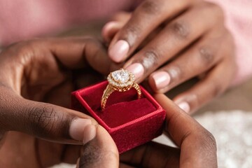 Man proposing to woman offering engagement ring