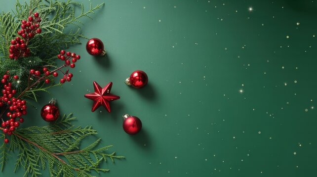 Christmas background with xmas tree, Christmas red decoration and sparkle bokeh lights on green background. Merry Christmas greeting card. Winter holiday theme. Happy New Year. Space for text