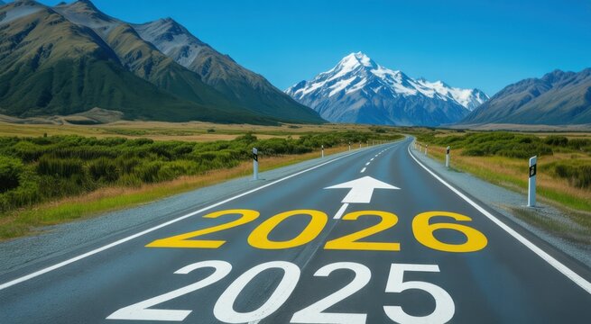2026 New Year road trip travel and future vision concept . Nature landscape with highway road leading forward to happy new year celebration in the beginning of 2026 for glee and successful start 