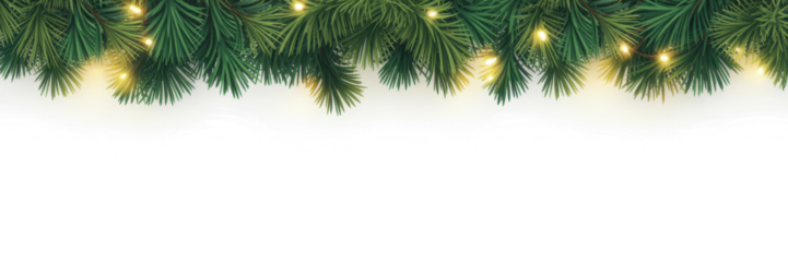 Seamless decorative vector christmas border with coniferous branches and garlands of christmas lights on transparent background  