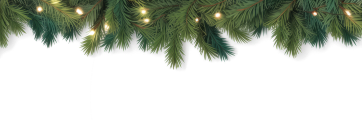 Seamless decorative vector christmas border with coniferous branches and garlands of christmas lights on transparent background  