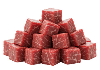 Freshly diced raw red meat, uniformly cubed, vibrant crimson with white fat, glistening, centered on a transparent background with copy space. Concept of premium quality raw ingredients for cooking