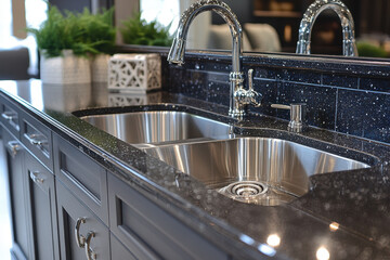 Running faucet over cluttered kitchen sink.