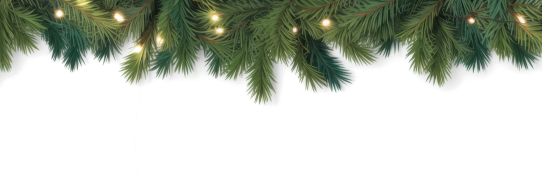 Seamless decorative vector christmas border with coniferous branches and garlands of christmas lights on transparent background - Powered by Adobe