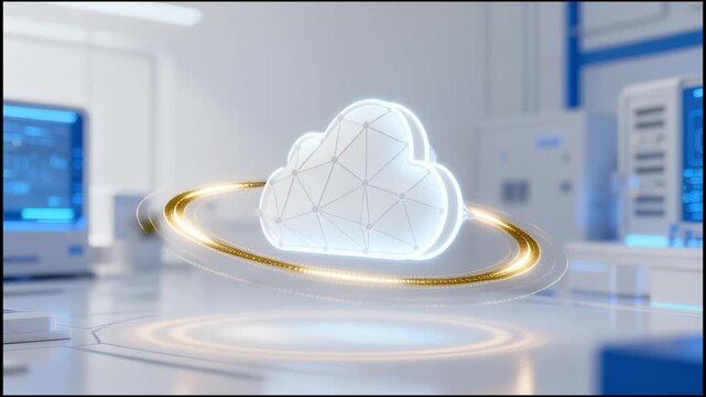 Abstract glowing white cloud shape with golden scanning ring protective shield cloud computing security concept