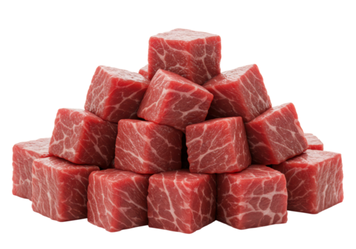 Freshly diced raw red meat, uniformly cubed, vibrant crimson with white fat, glistening, centered on a transparent background with copy space. Concept of premium quality raw ingredients for cooking