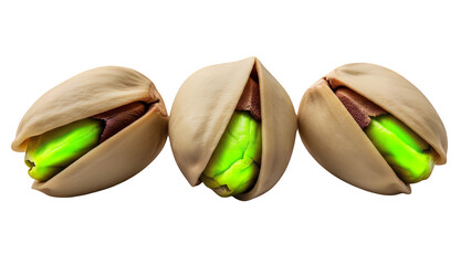 Three green pistachios in their shells isolated on a transparent background, a healthy and delicious snack