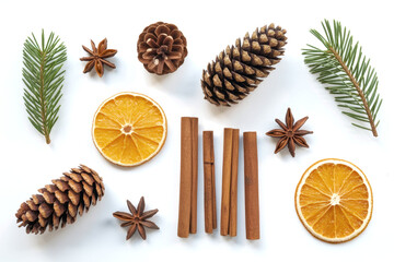 Collection of natural winter and Christmas elements, including dried orange slices, cinnamon sticks, pine cones, star anise, and spruce branches isolated on a transparent background, PNG. High Res. 