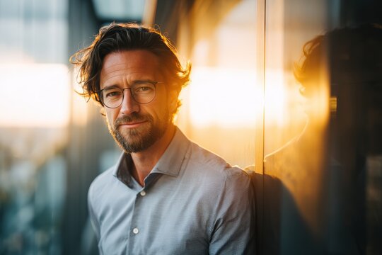 Modern businessman leaning against glass wall in golden-hour office portrait