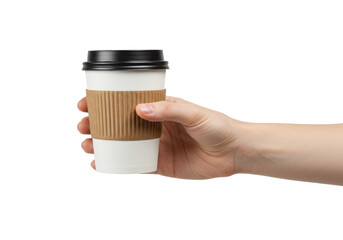 Fair-skinned hand with short manicured nails gently holds a white disposable coffee cup with a textured brown sleeve and matte black lid on a transparent studio background, concept of modern