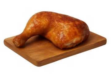 Golden brown roasted chicken leg quarter on a wooden cutting board, isolated with transparent background