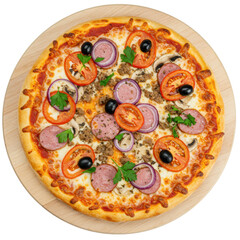Freshly baked hot Italian-style pizza, golden crust, bubbling mozzarella, sausage, olives, red onion, cherry tomatoes, mushrooms, parsley on wooden board, white background, copy space. Concept of