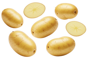 Multiple fresh, unpeeled new potatoes, light brown-yellow skin, irregular shapes, floating against a pristine transparent background with copy space, soft studio light, Concept of healthy and organic