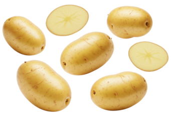 Multiple fresh, unpeeled new potatoes, light brown-yellow skin, irregular shapes, floating against a pristine transparent background with copy space, soft studio light, Concept of healthy and organic