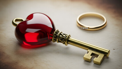 Symbolic antique golden key with a translucent red heart charm and wedding ring representing love and commitment