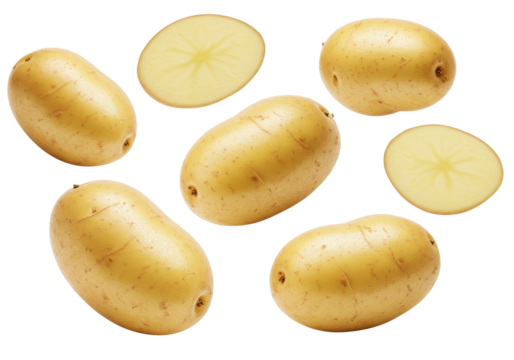Multiple fresh, unpeeled new potatoes, light brown-yellow skin, irregular shapes, floating against a pristine transparent background with copy space, soft studio light, Concept of healthy and organic