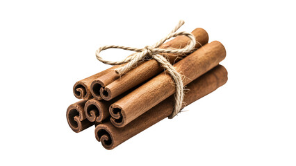 A fragrant bundle of whole cinnamon sticks tied together with a rustic piece of twine for culinary seasoning, isolated on transparent background