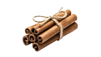 A fragrant bundle of whole cinnamon sticks tied together with a rustic piece of twine for culinary seasoning, isolated on transparent background