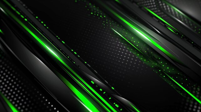 Abstract futuristic background with glowing green lines on a dark surface. Modern high-tech graphic design with a sense of speed and motion. Technology and gaming wallpaper concept