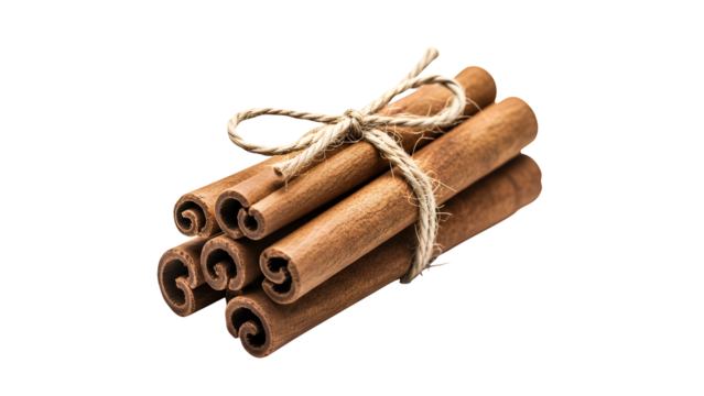 A fragrant bundle of whole cinnamon sticks tied together with a rustic piece of twine for culinary seasoning, isolated on transparent background