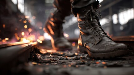 Leather Boots Walking in Railway Workshop with Sparks and Tracks