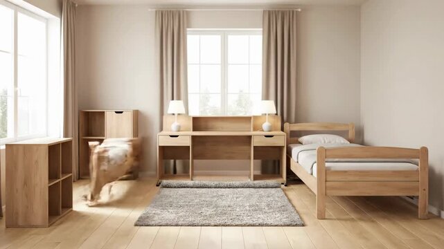 Furniture pieces change shape and function in bright room with large windows and wooden floors. Concept of home design, interior decoration, multipurpose furniture