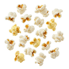 Fluffy white popcorn kernels with golden-brown husks, light, airy, dynamically suspended against a pristine transparent background in an ultra-detailed macro shot. Concept for commercial food