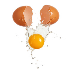 Cracked brown egg, vibrant orange yolk, translucent white splashing, suspended shells, on transparent background with copy space, high-speed macro. Concept of food vitality