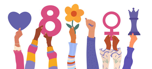 Diverse women raise symbols of strength and empowerment for International Women s Day