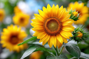 Fototapeta premium Close up of bright yellow sunflower with blurred background