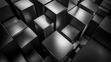 Monochromatic abstract background of metallic cubes creating elegant modern wallpaper with geometric shapes and cool tones, evoking high tech architecture or industrial design.