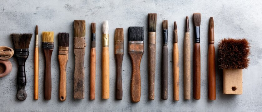 Old paintbrushes arranged in front of an abstract gray backdrop highlight the essence of creativity and artistic expression in high-resolution detail