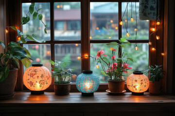 Plants and lights displayed on window.