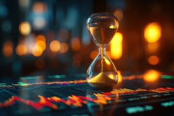 Hourglass on Financial Charts with Warm Bokeh Lights, Symbolizing Time in Business