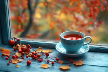 Autumn leaves scattered around a steaming cup of tea.