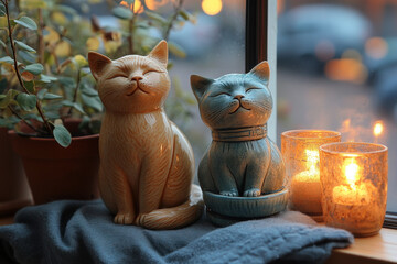 Cat statue and candle on windowsill.