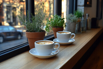 cups of coffee on a windowsill.