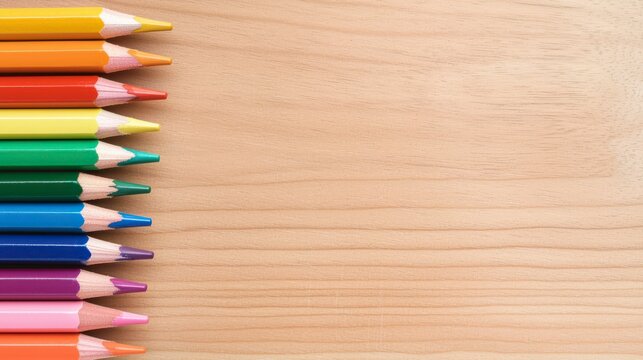A vibrant array of colored pencils neatly arranged on a wooden surface, offering a creative and artistic aesthetic.