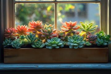 Window sill with succulents in it.