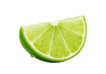 Extreme close-up macro shot of a fresh green lime wedge with translucent juicy pulp and water drops, against a bright white background, concept of invigorating freshness and natural quality