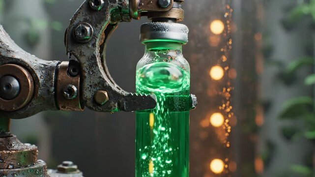 Steampunk rusty mechanical claw holding a glass vial filled with bubbling glowing green liquid in a grunge industrial laboratory context
